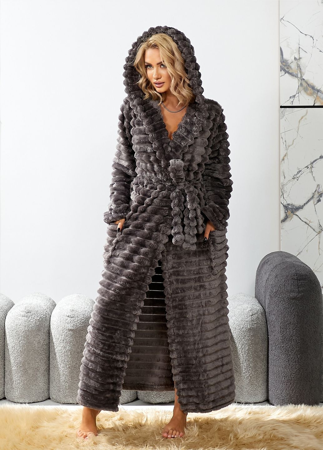 Махровый женский халат с капюшоном Selim-tekstil (308202202)