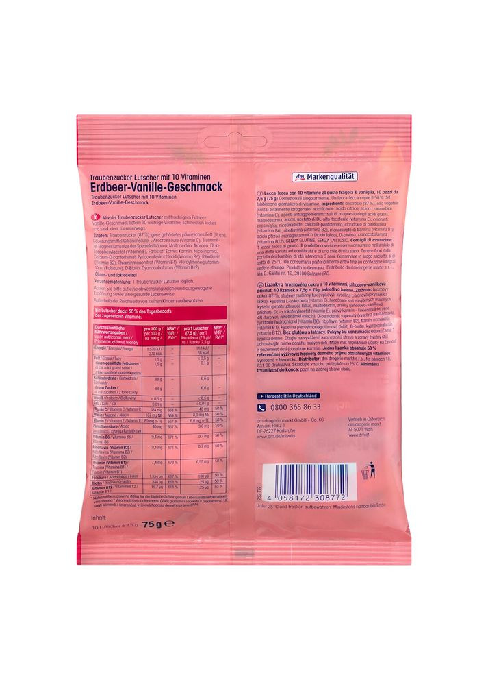 Декстрозні льодяники Dextrose полуниця-ваніль для дітей 10 шт, 75 г, від DM (Німеччина) Mivolis (363053064)