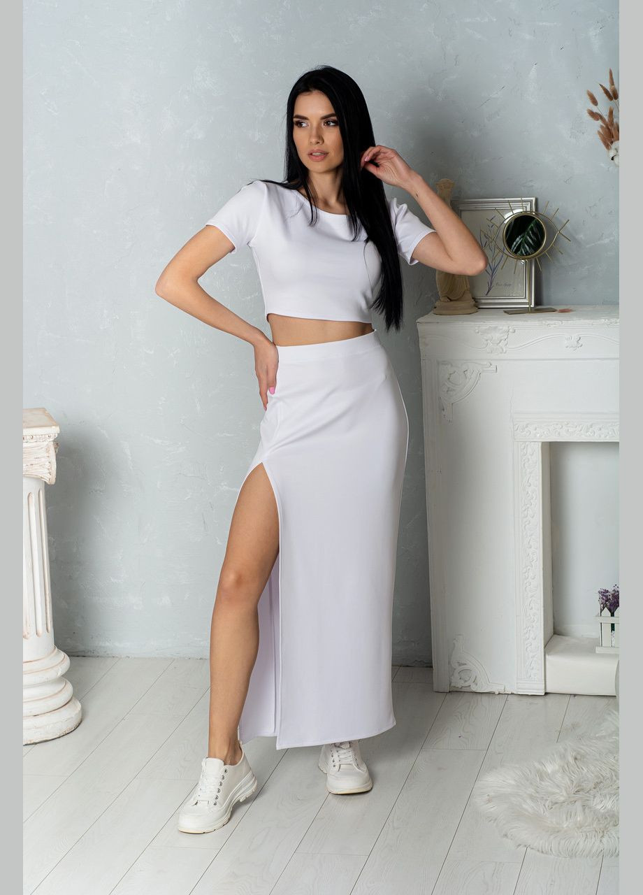 Белая офисная женская трикотажная юбка макси с разрезом на правой ноге, однотонная. No Brand