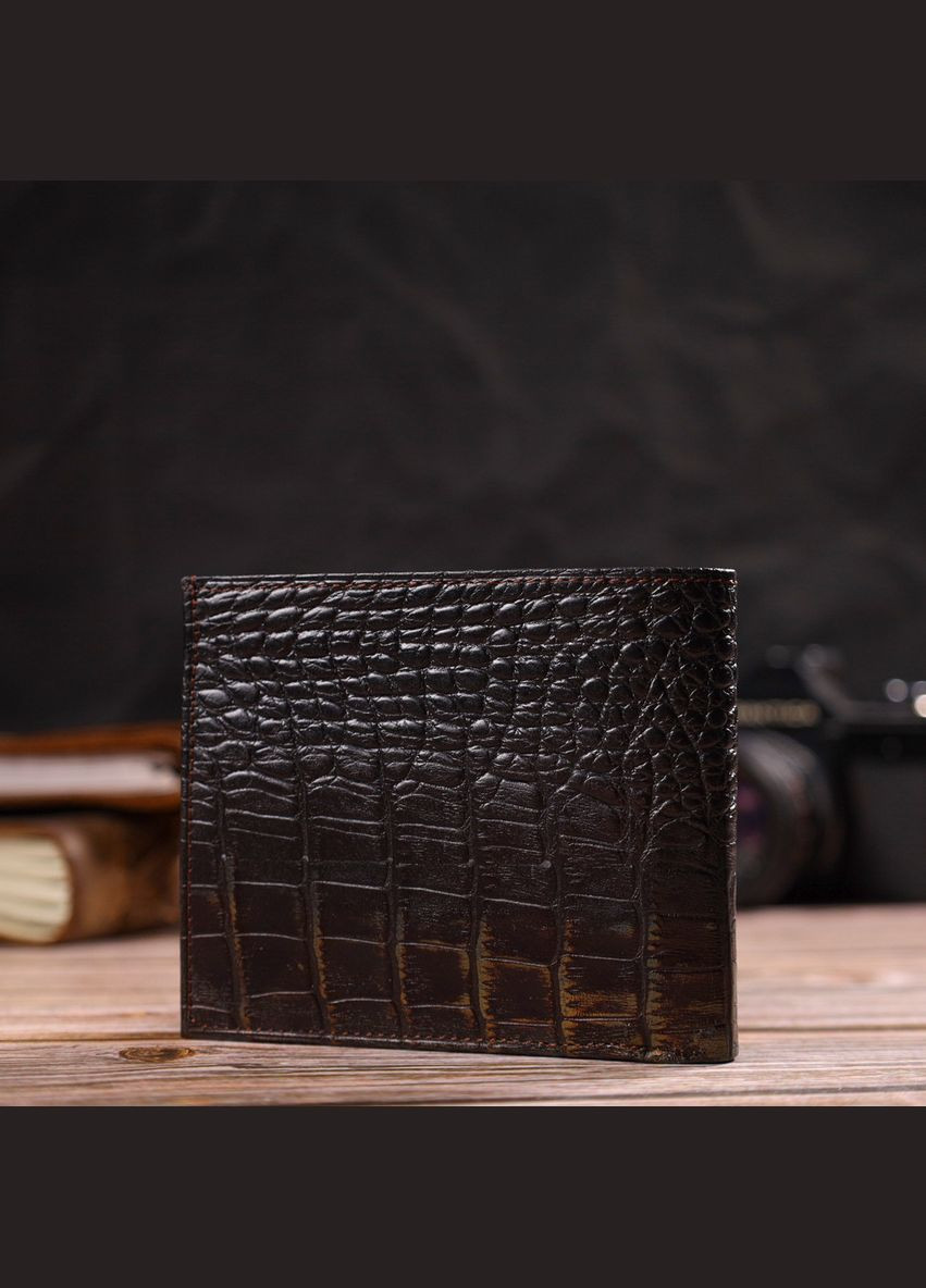 Оригінальне чоловіче портмоне з натуральної фактурної шкіри з тисненням під крокодила 21784 Темно-коричневе Canpellini (329149187)