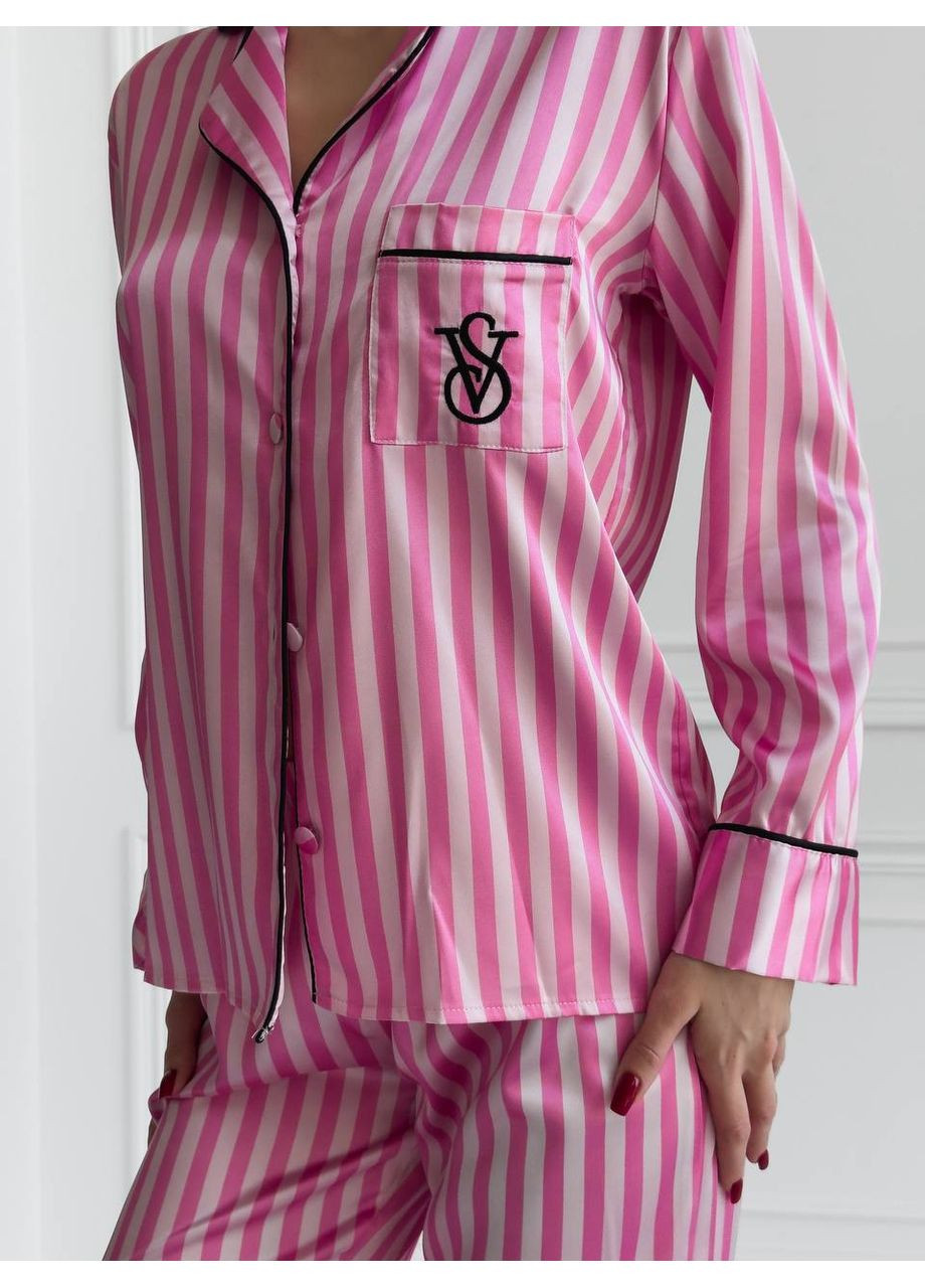 Рожева всесезон жіноча сатинова піжама з лого vs сорочка + брюки Vakko