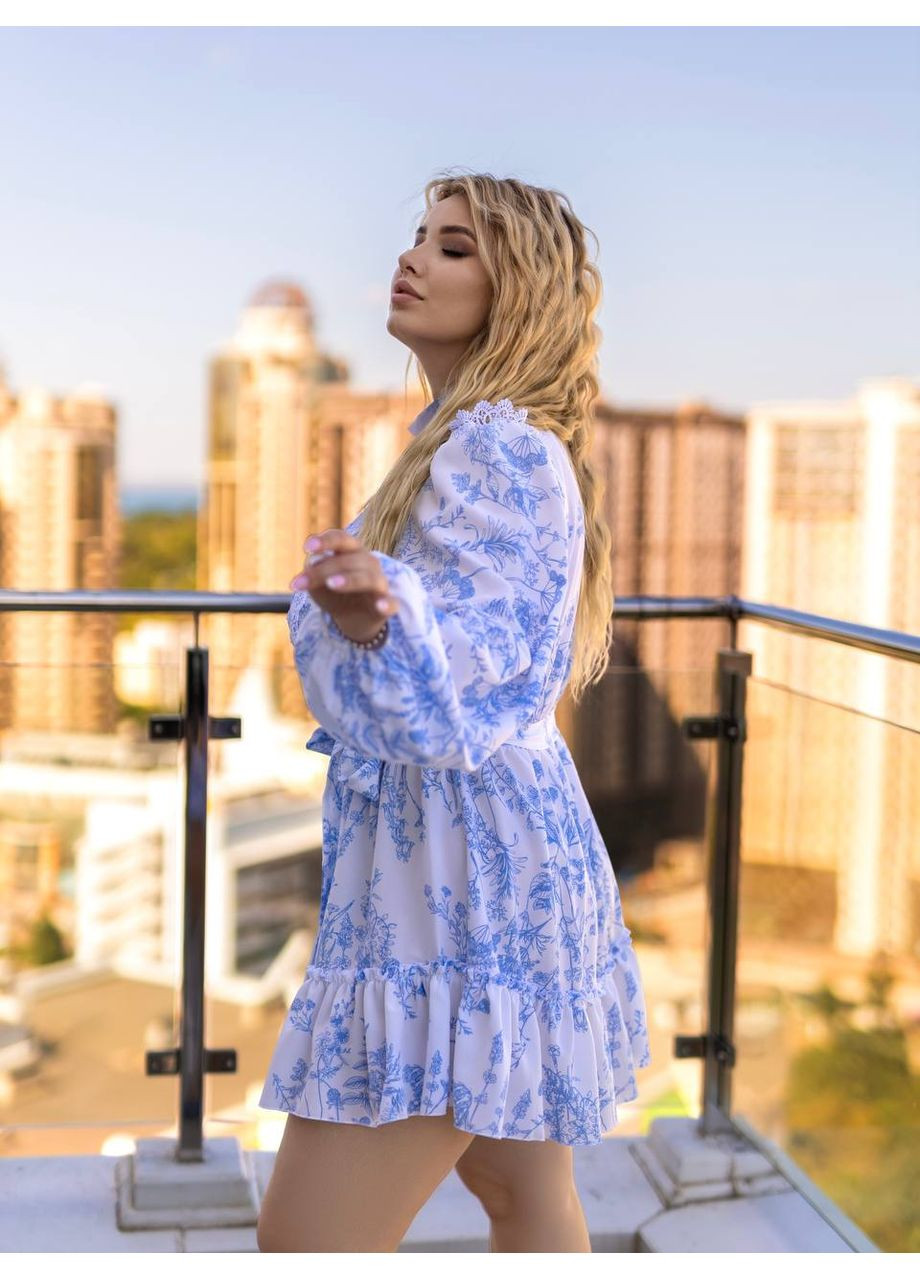 Голубое праздничный, коктейльное, повседневный, кэжуал, вечернее платье мини с кружевом бэби долл Україна с цветочным принтом