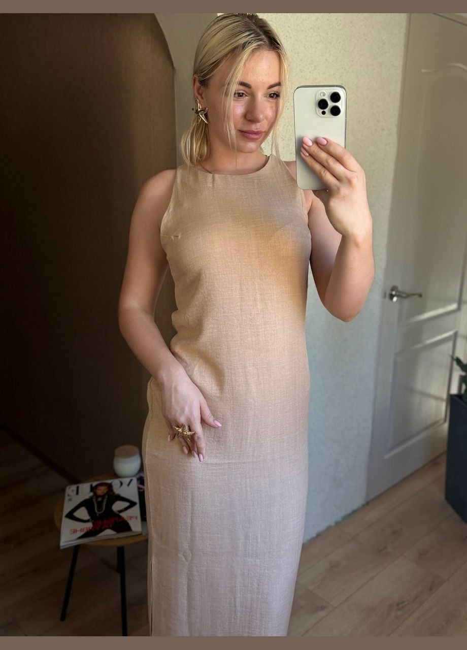 Бежева повсякденний, вечірня, пляжна, кежуал сукня з натуральної легкої тканини у мінімалістичному стилі Vakko однотонна