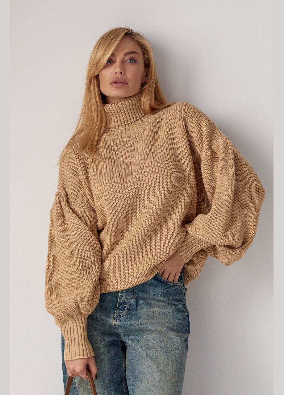 Світло-коричневий зимовий жіночий трикотажний светр з рукавами-ліхтариками Lurex