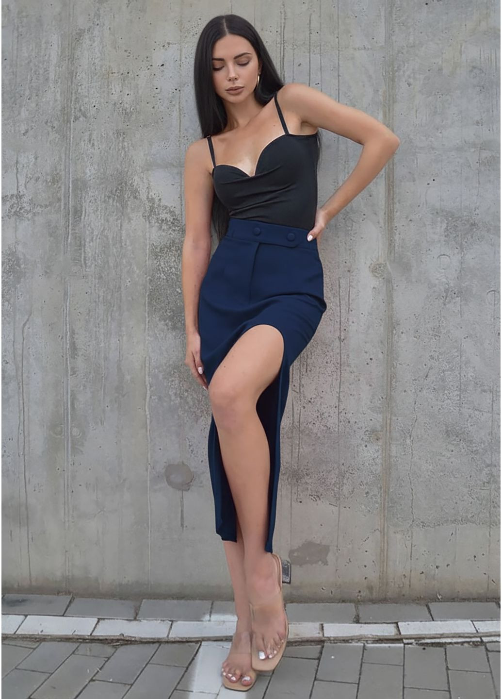 Темно-синяя повседневная, вечерний, джинсовая, офисная, кэжуал однотонная изысканная юбка с акцентом на разрез InFashion карандаш