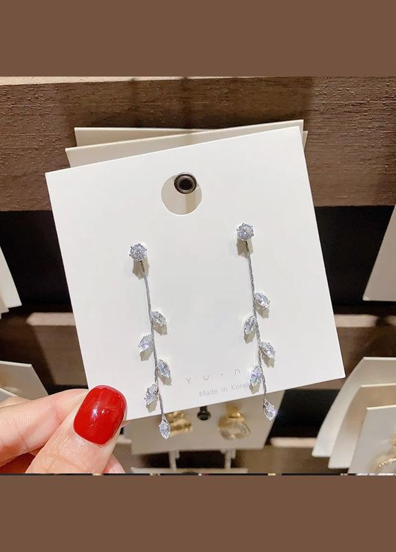 Серебристые серьги листья в кристаллах на цепях 2в1, 5664 Fashion Jewelry (338431188)