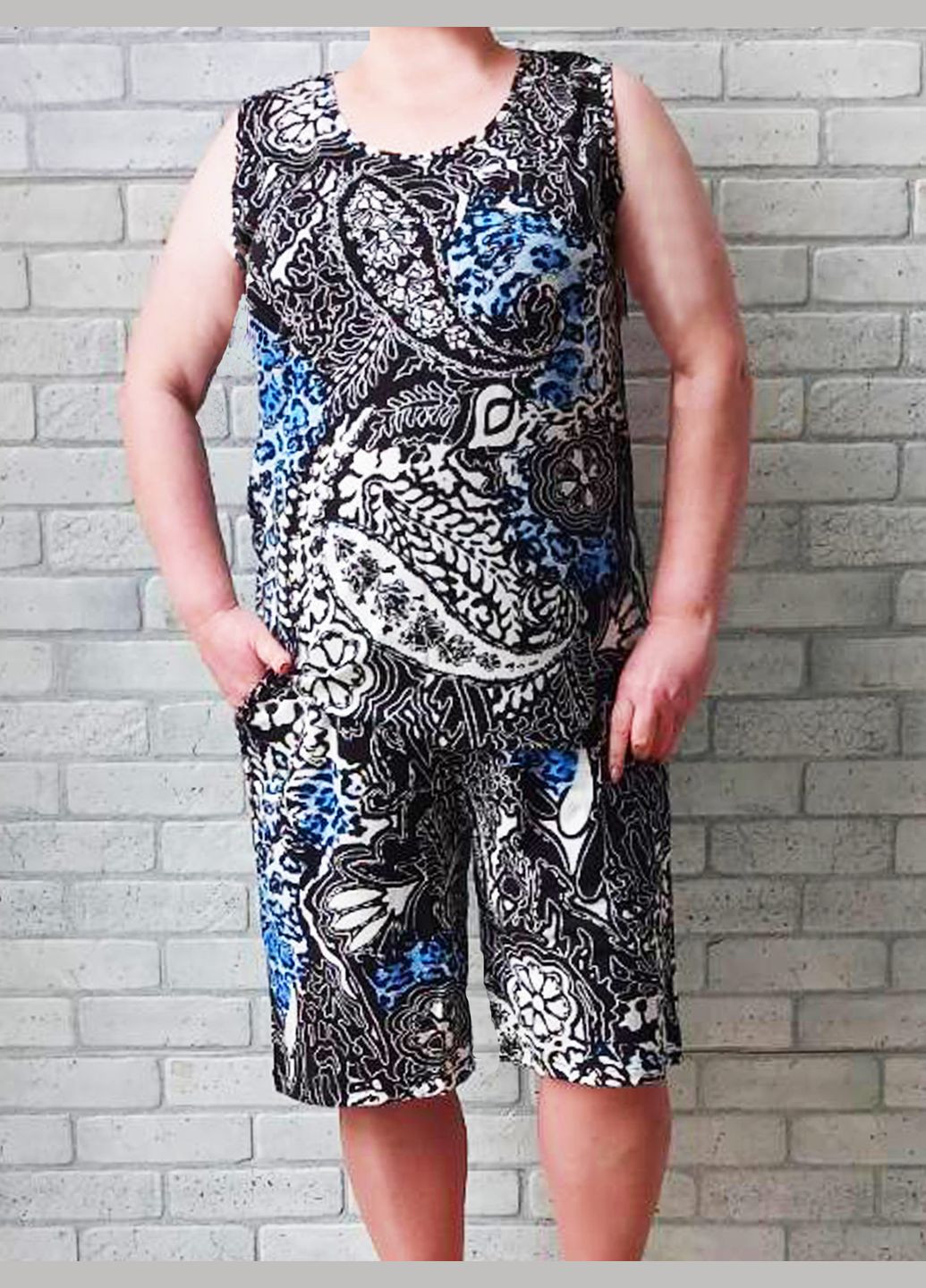 Женский комплект костюм для лета большого размера батал, набор майка и удлиненные шорты с карманами, леопардовый, бамбук вискоза No Brand (324227458)