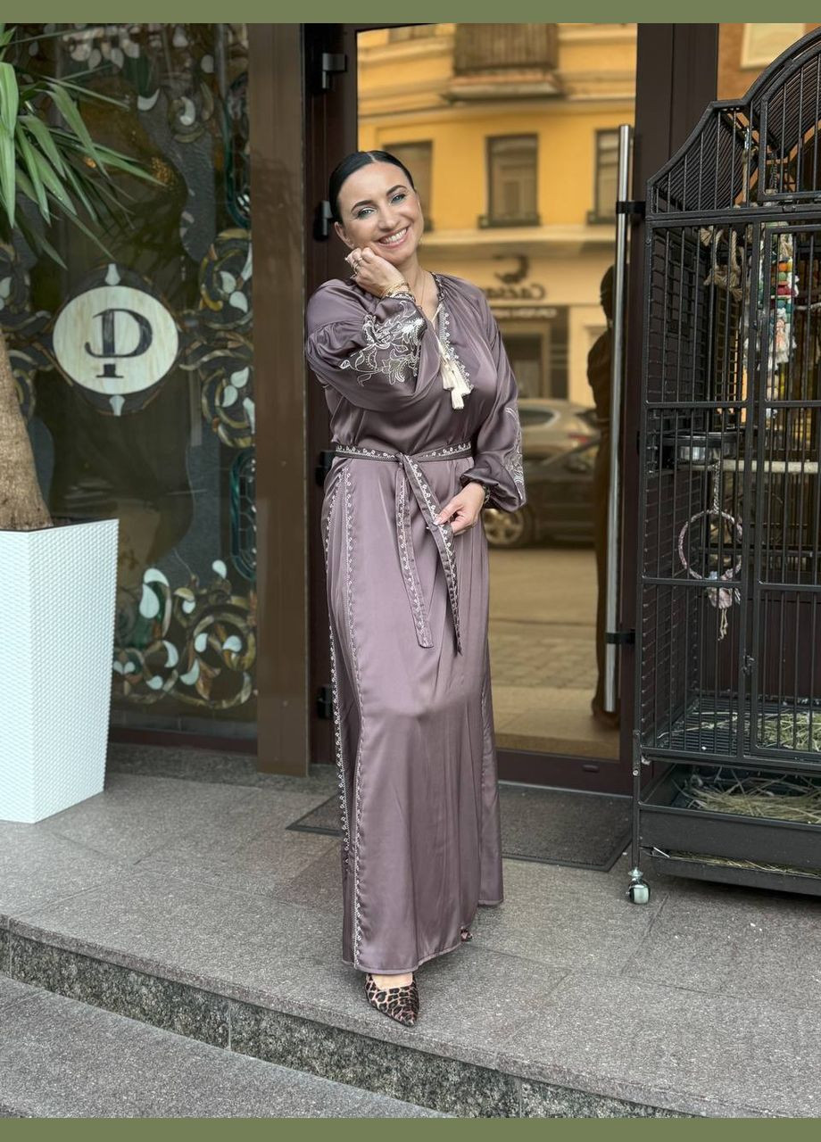 Світло-коричнева шовкова вишита сукня BeART візерунок квітковий приталена, вільна шовк, штучний шовк (299629710)