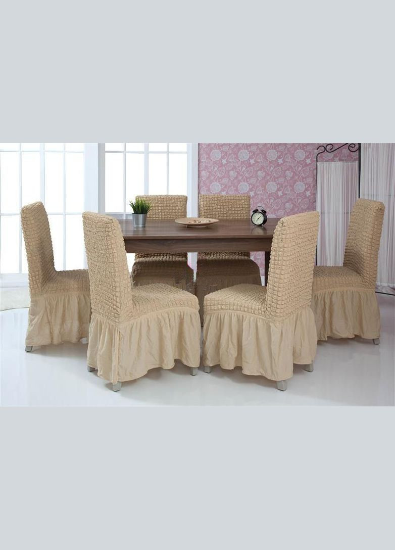 Чохли натяжні на стільці з оборкою (набір 6-шт) 05-212 Піщаний Venera (268547814)