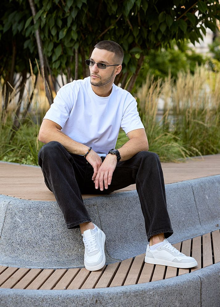 Белые демисезонные кожаные мужские кроссовки со вставками белого цвета 35548 Fashion