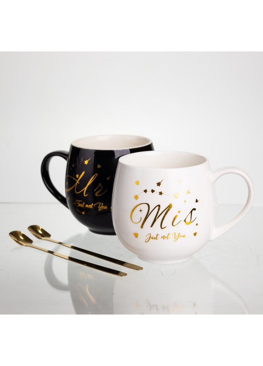 Набор парных фарфоровых чашек Mr&Mis 2 (шт) по 350 (мл) чашки на подарок с ложкой Черный с белым FM-29 Yiwu (369626306)