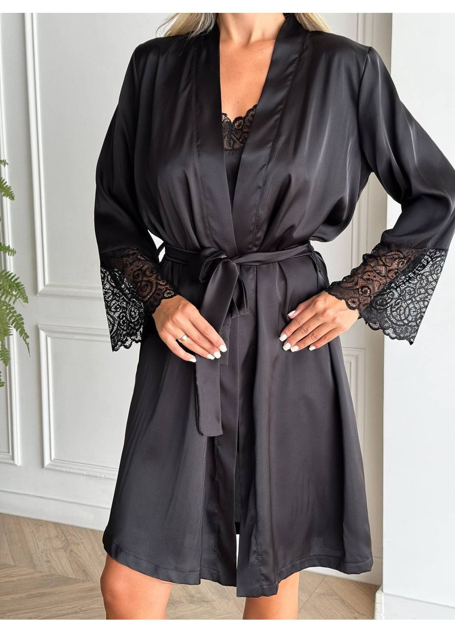 Черный комплект женский майка,шорты,халат,шелк армани Україна