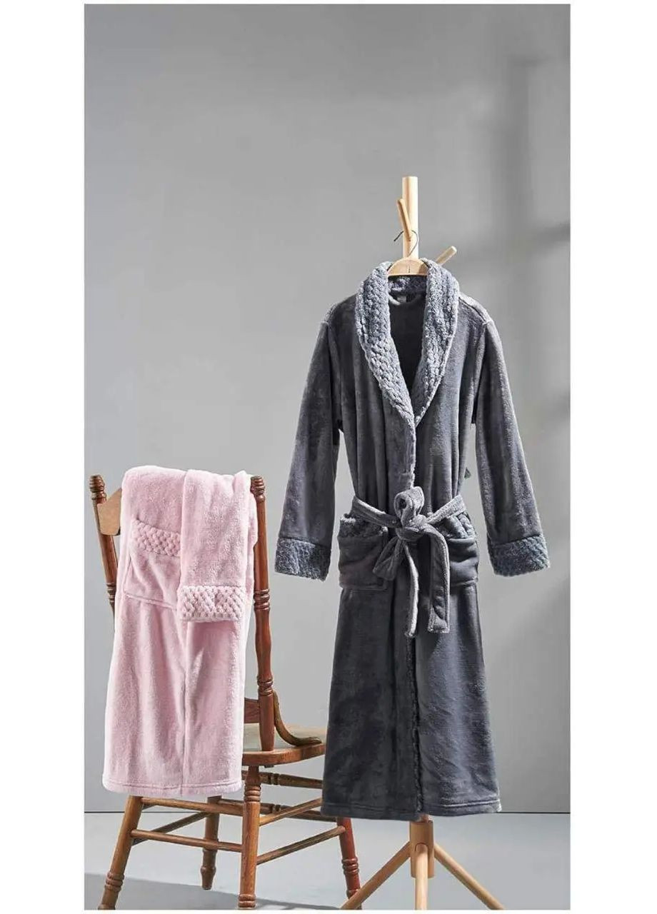 Затишний комфортний домашній халатик унісекс, Банний халат теплий махровий довгий однотонний No Brand Банний халат теплий махровий довгий сірий (360428884)