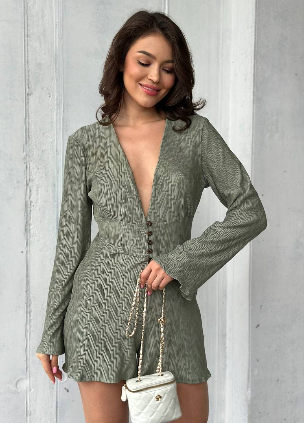 Комбінезон шортами з довгим рукавом Україна комбінезон-шорти однотонний оливковий повсякденний, святковий шовк