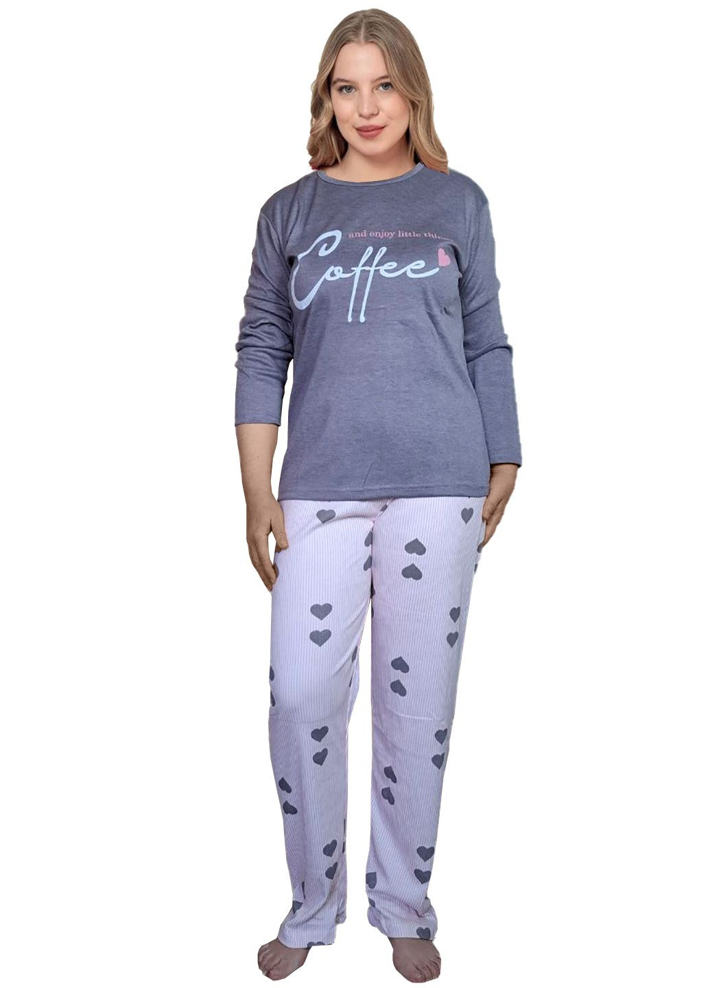 Серая пижама женская хлопок интерлок лонгслив + брюки No Brand