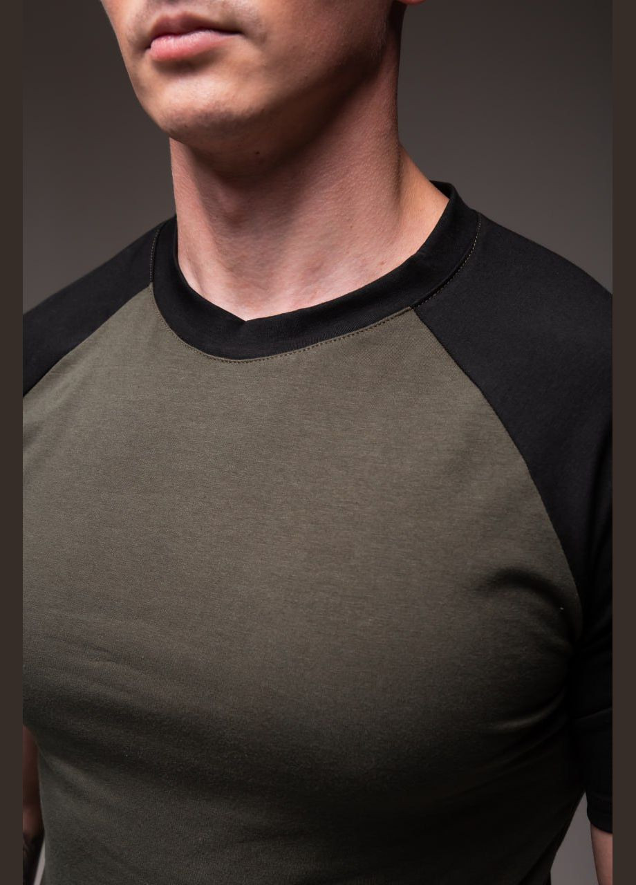 Хакі (оливкова) стильна футболка з чорним рукавом з коротким рукавом Vakko