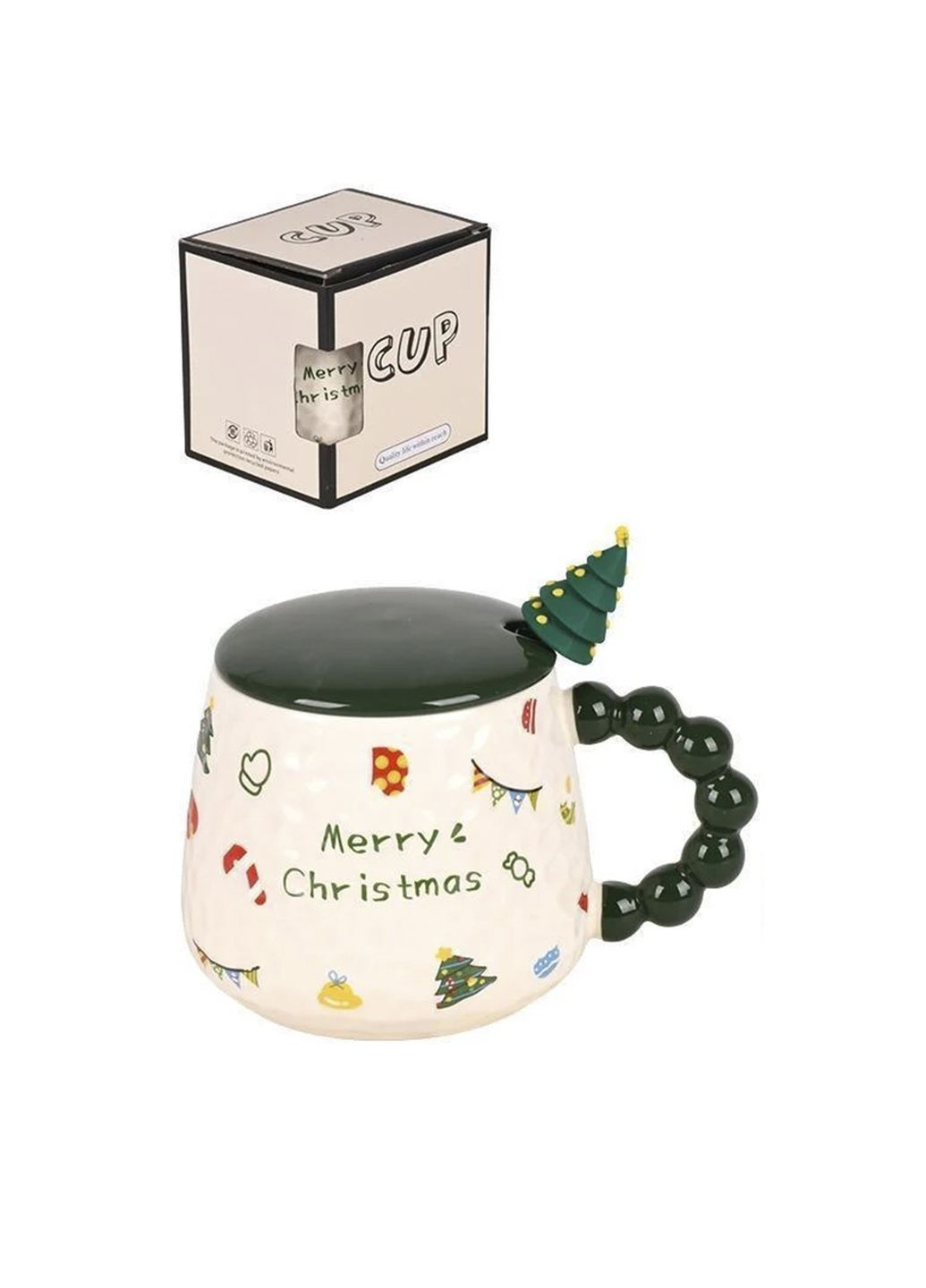 Новогодняя чашка "Merry Christmas" в комплекте с крышкой и ложкой цвет разноцветный ЦБ-00286405 No Brand (366198060)