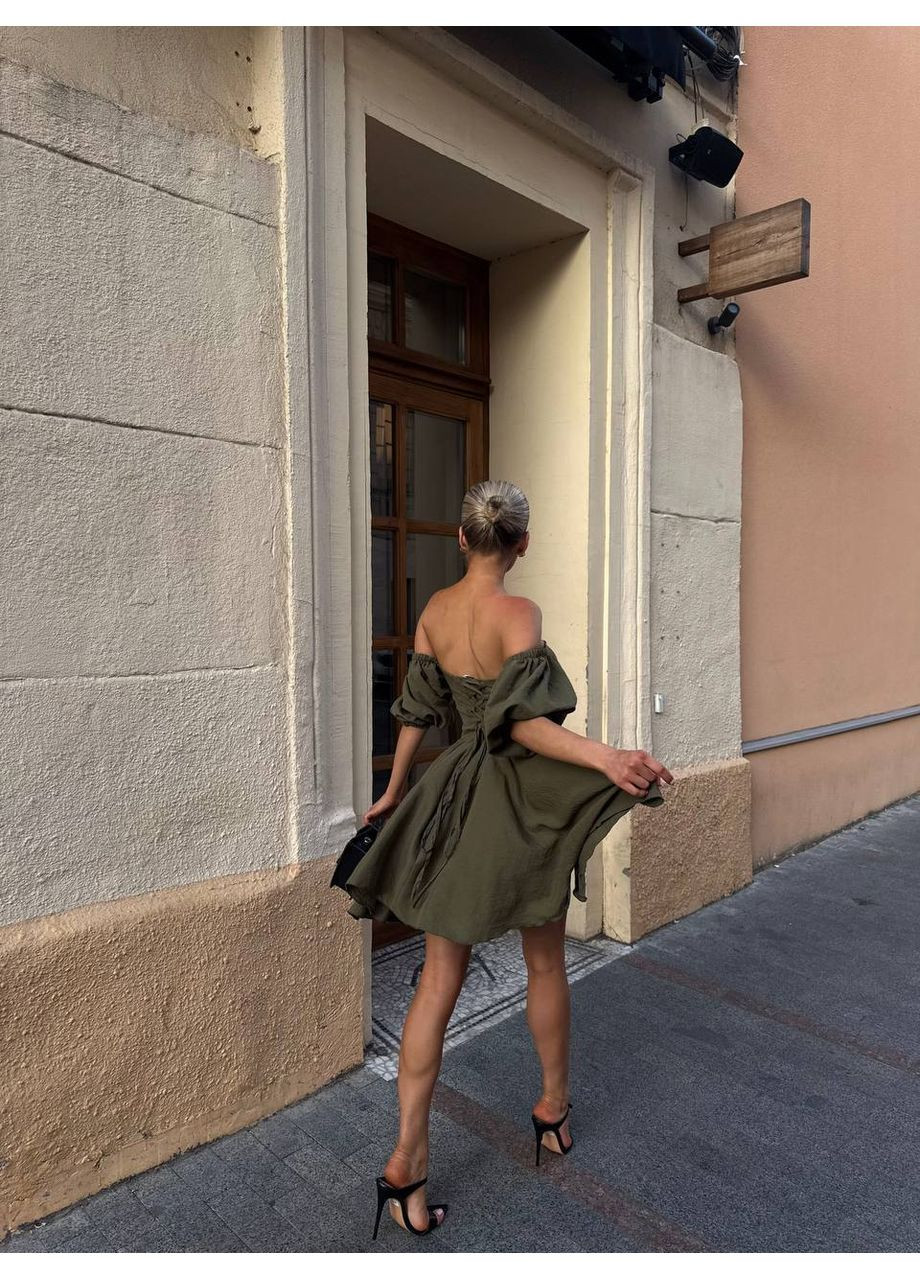 Оливковое (хаки) кэжуал роскошное женское платье с открытыми плечами с пышной юбкой, с открытыми плечами, с открытой спиной Україна однотонное