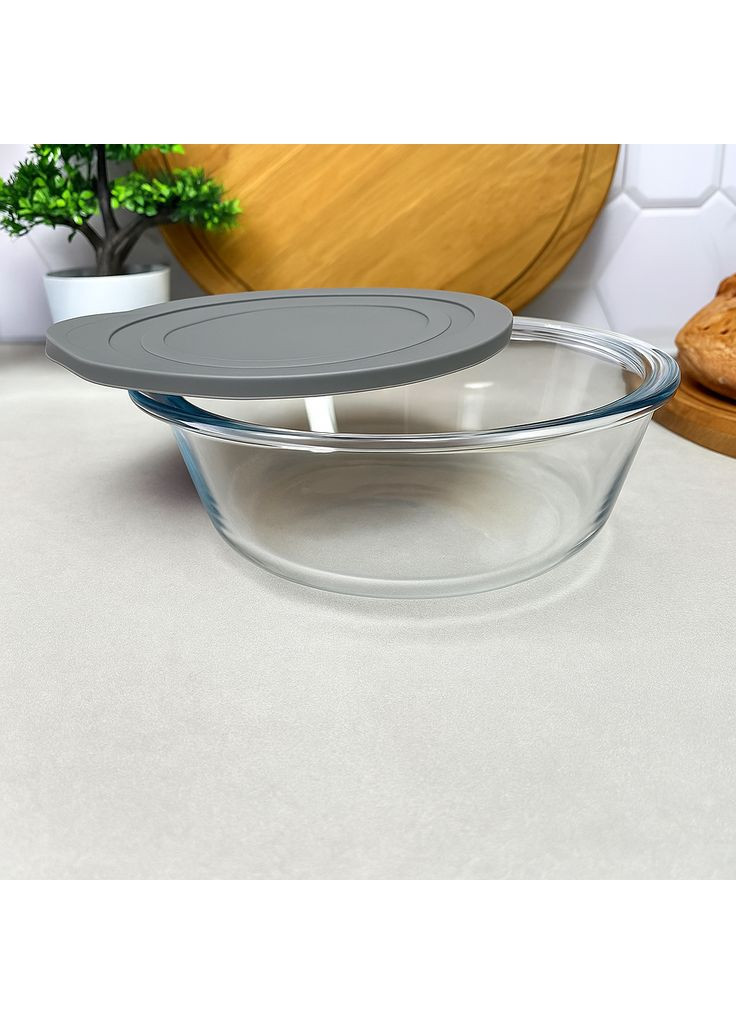 Форма скляна 1,45 л кругла з сірою кришкою Borcam (362216216)