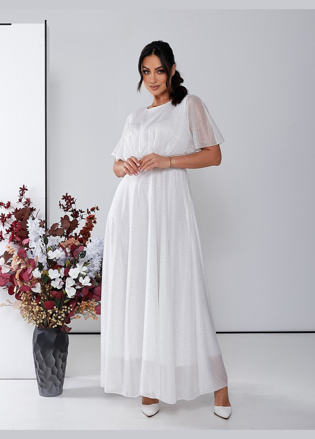 Білий святковий шифонова сукня максі з глітером дзвін No Brand однотонна