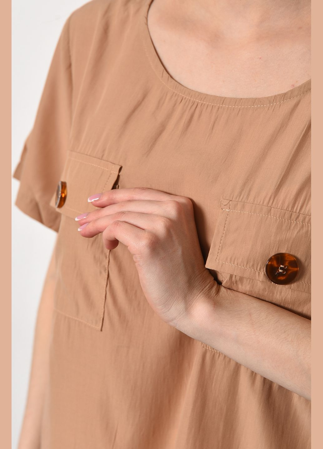 Бежевая блуза женская с коротким рукавом бежевого цвета с баской Let's Shop