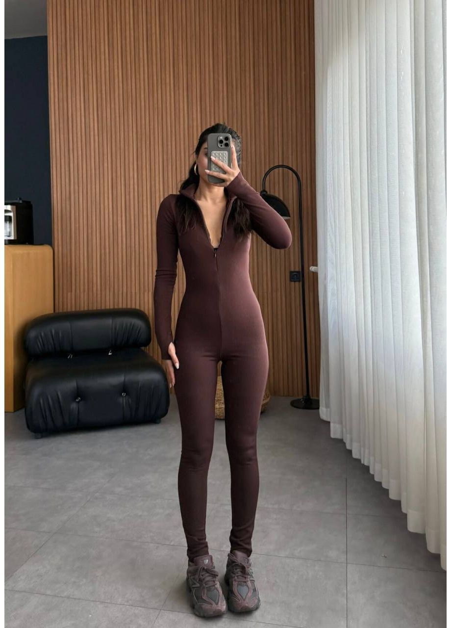 Жіночий комбінезон на флісі No Brand комбінезон-брюки однотонний коричневий спортивний, повсякденний, домашній, кежуал трикотаж, фліс