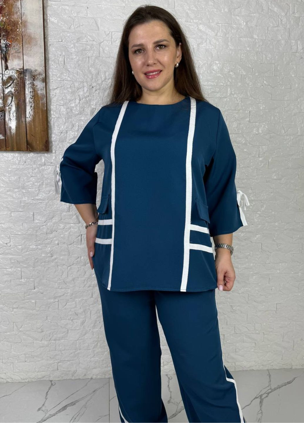 Класичний костюм двійка з декоративними стрічками: кофта з рукавами 3/4 + штани Україна (322581900)