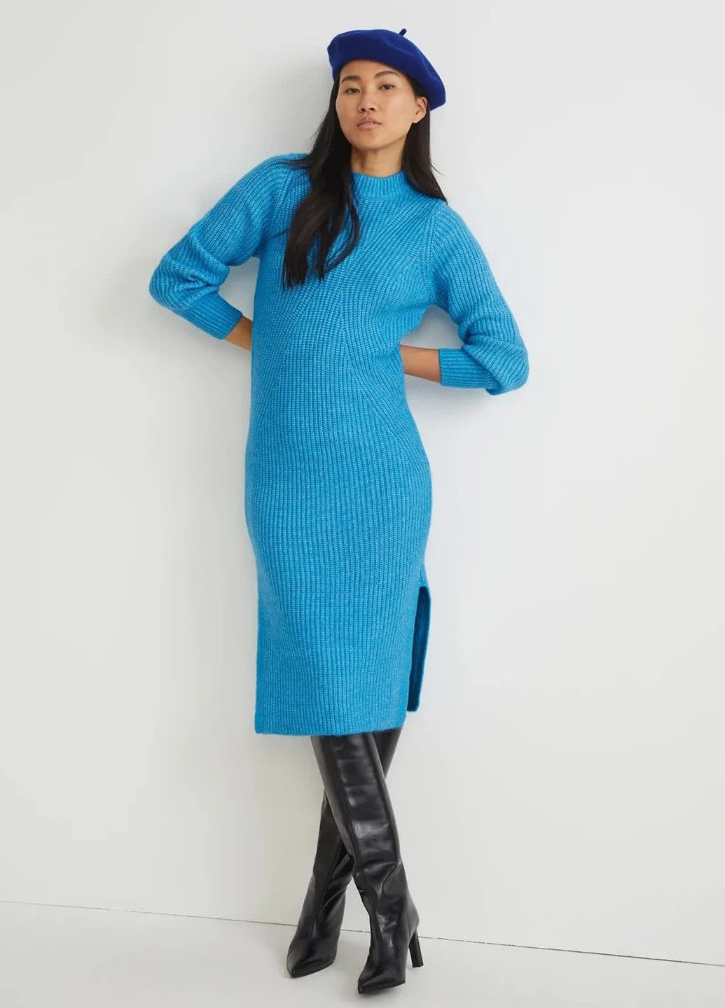 Голубое кэжуал теплое платье в рубчик C&A однотонное