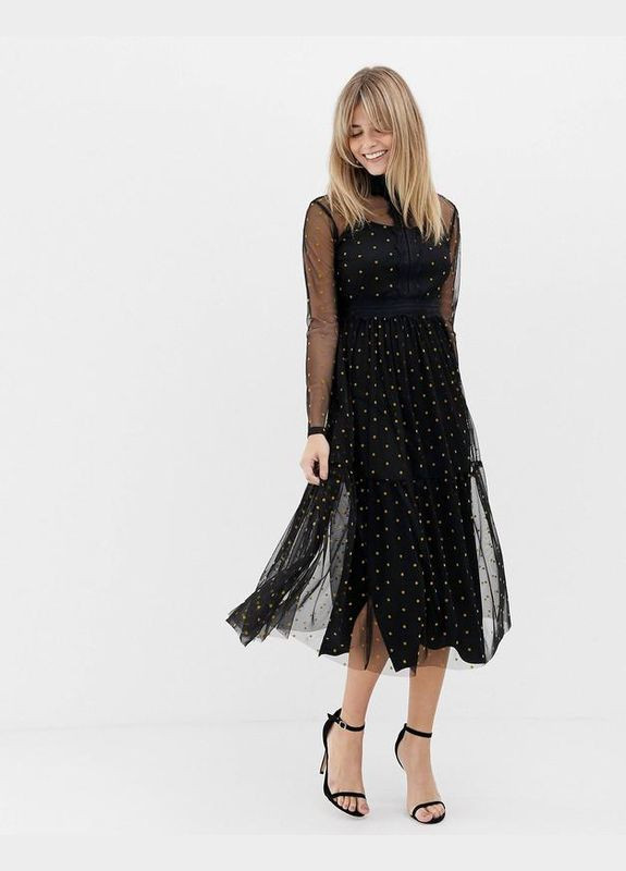 Чорна сукня міді у горошок з мереживом lace&beads Asos