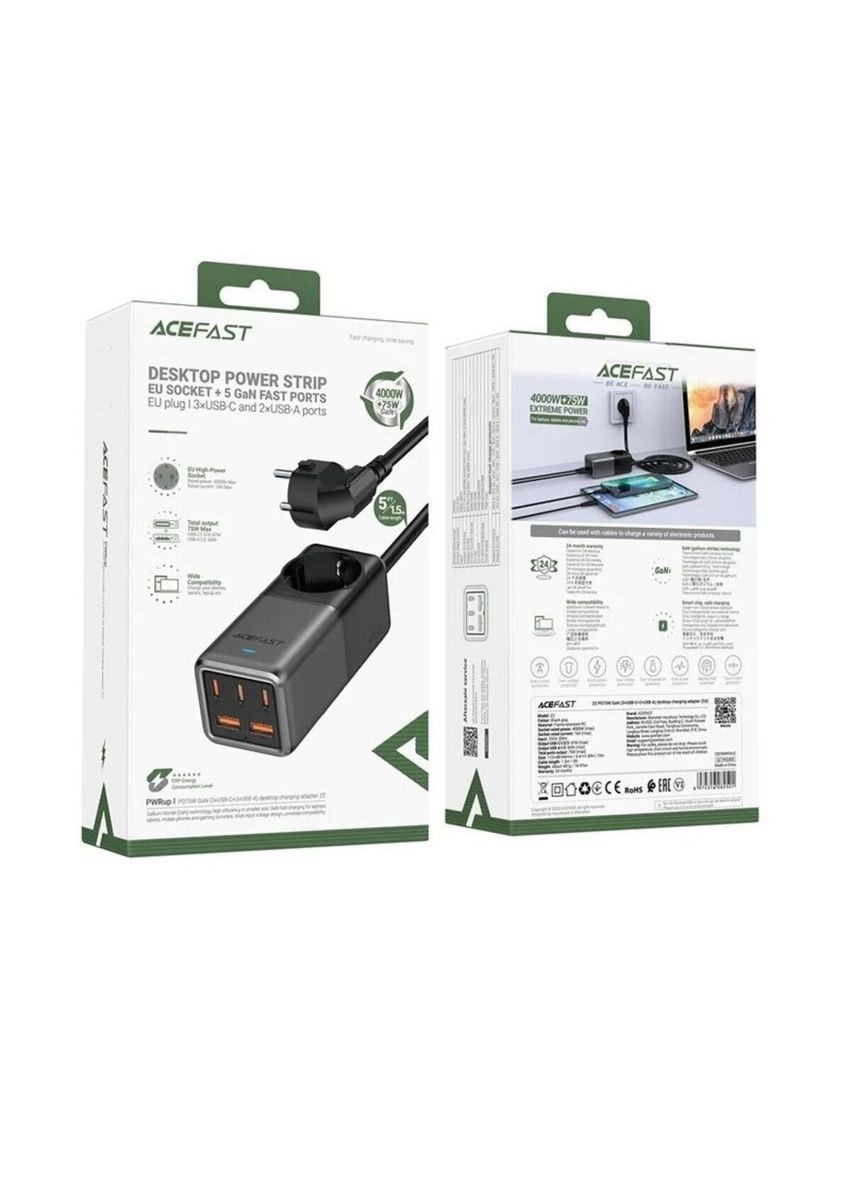 Мережевий зарядний пристрій Z2 PD75W GaN (3*USBC+2*USB-A) desktop charging adapter 1,5m Black Acefast (300680646)