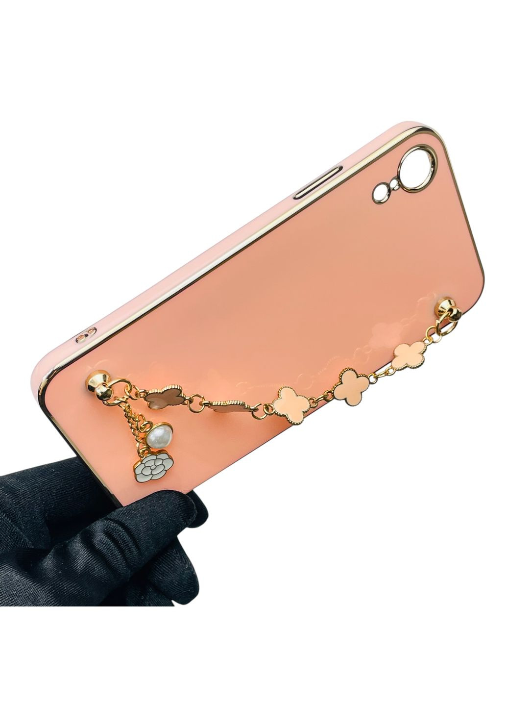 Чехол для телефона iPhone Xr женский с ремешком и украшениями и золотой окантовкой на айфон хр пудровый gs1 Apple (366232664)