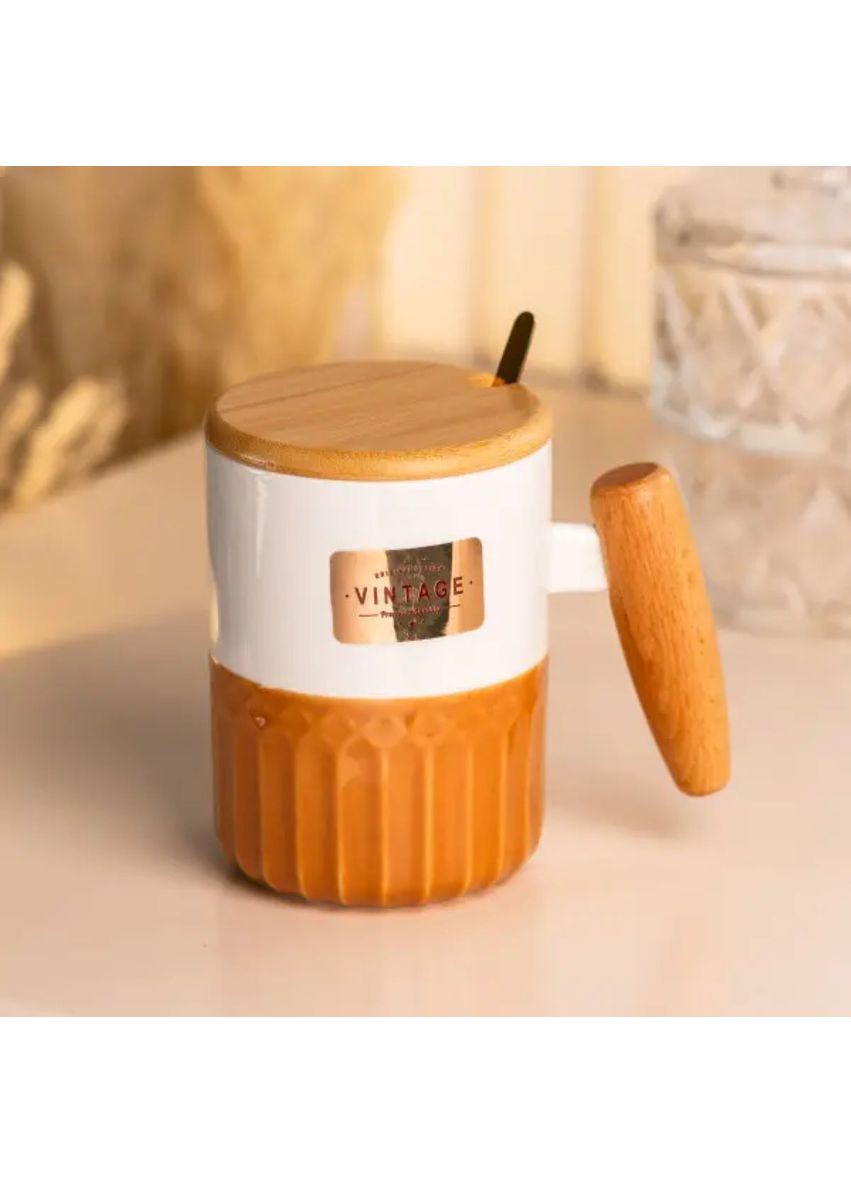 Чашка порцелянова з бамбуковою кришкою та ручкою 400 мл Коричнева HP7204BR TS Kitchen (366738360)