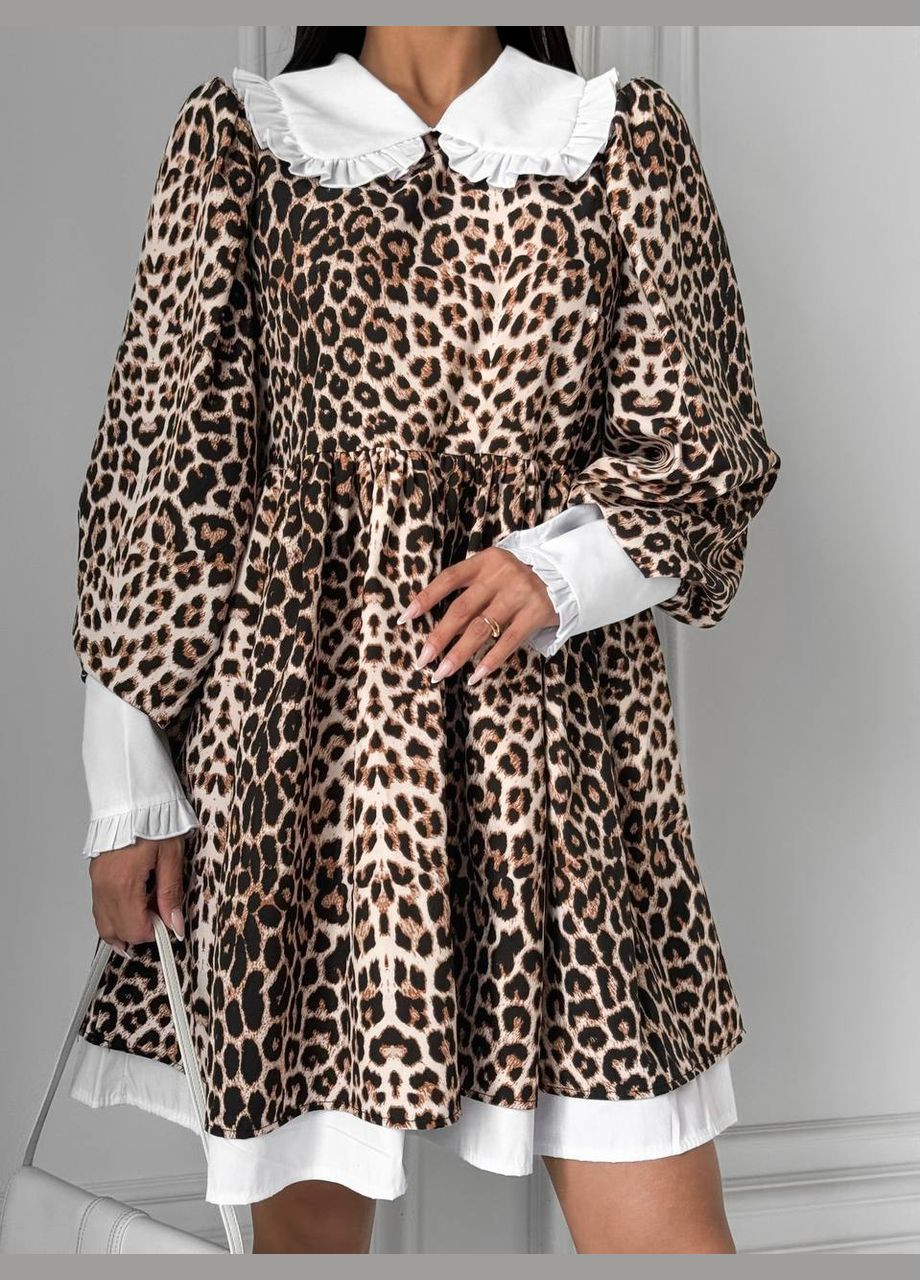 Коричневое красивое принтованное летнее платье с длинным рукавом в одном размере 42-48, свободное oversize платье в леопардовом цвете No Brand