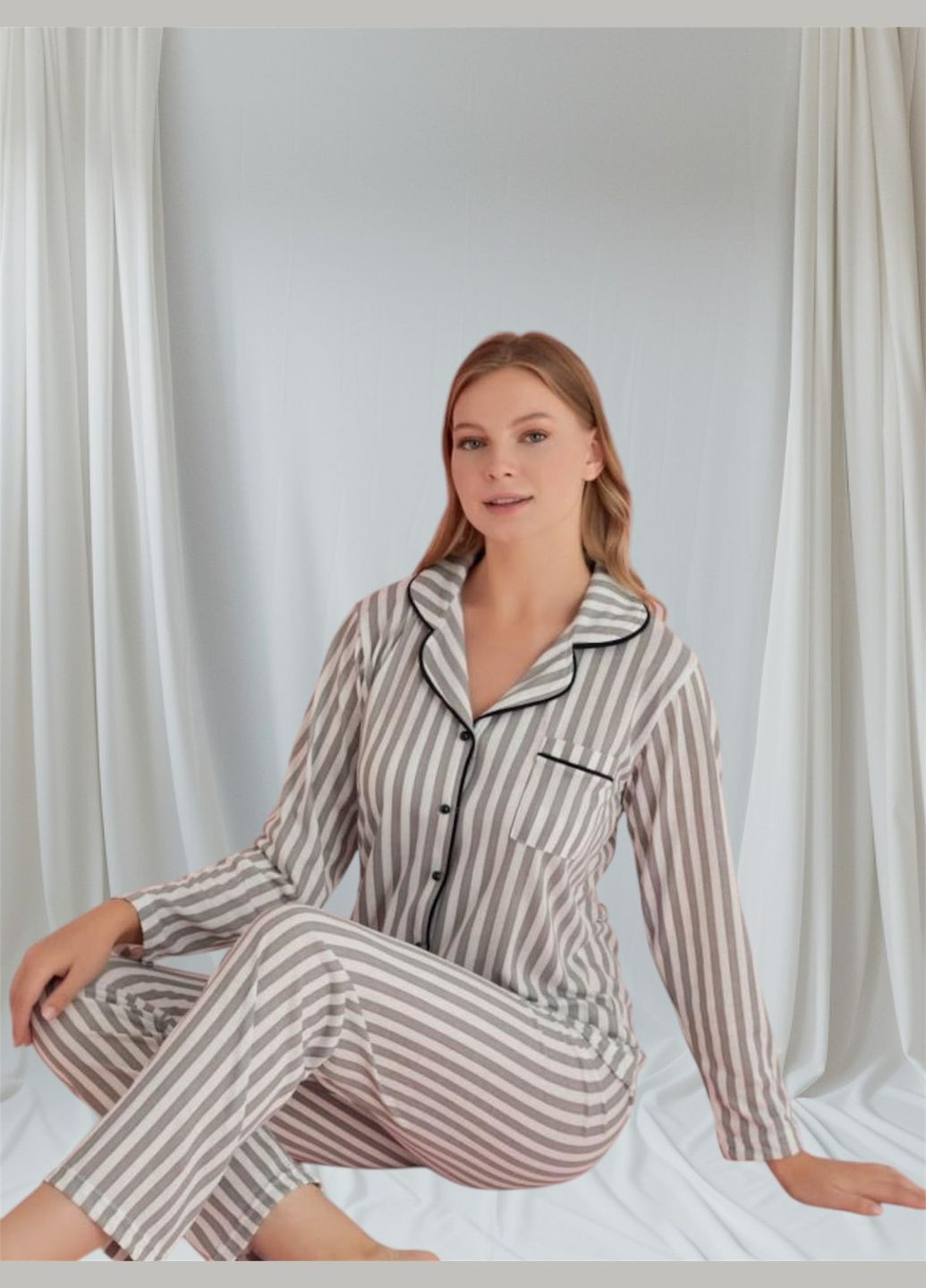 Серая всесезон женская пижама, комплект рубашка длинный рукав и брюки, полоса Lana
