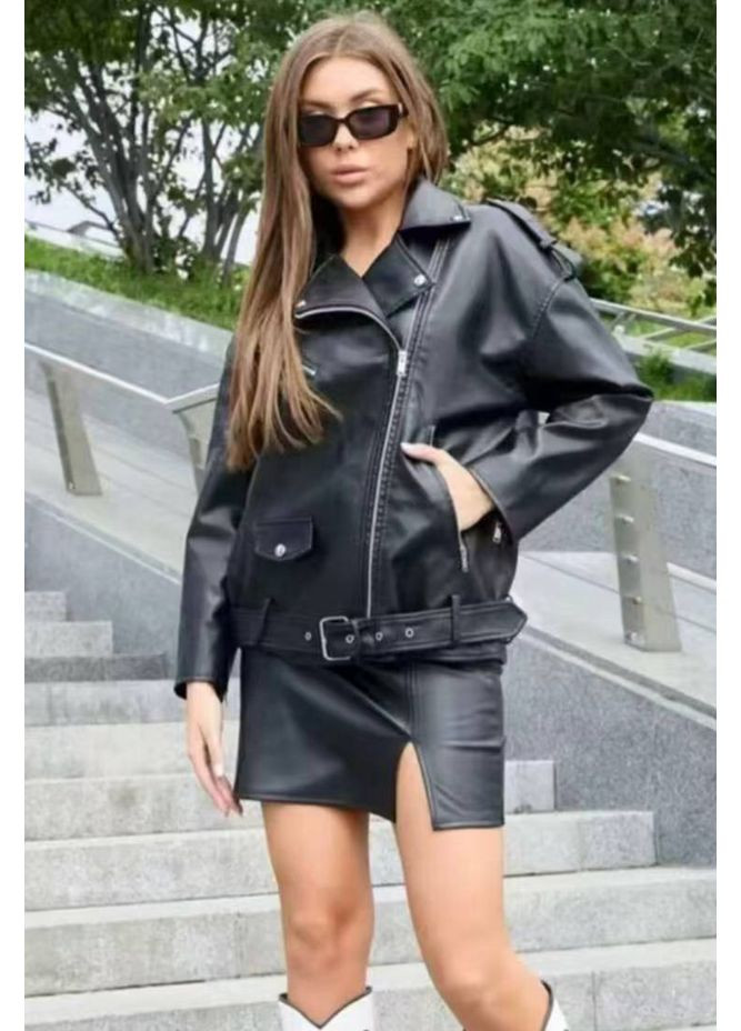 Сіра демісезонна жіноча куртка косуха з еко шкіри колір чорний, розмір nb02123 No Brand