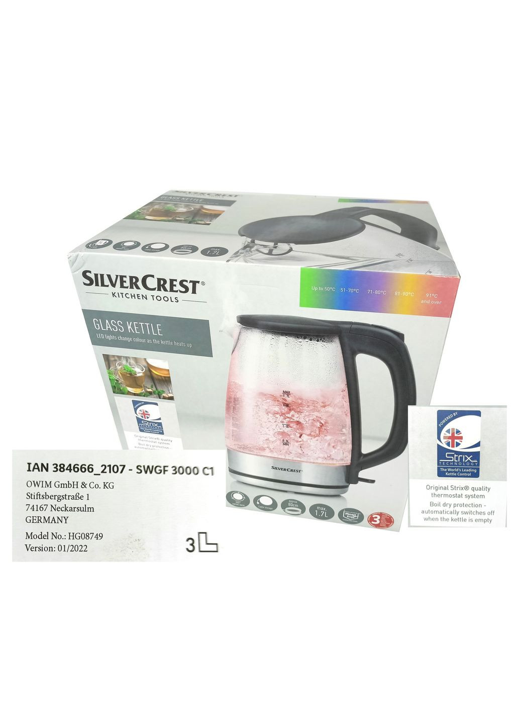 Скляний електрочайник з різнобарвною підсвіткою SilverCrest SWGF 3000 C1 (STRIX, 1.7 л, 3000 Вт, Німеччина) Silver Crest (369609534)