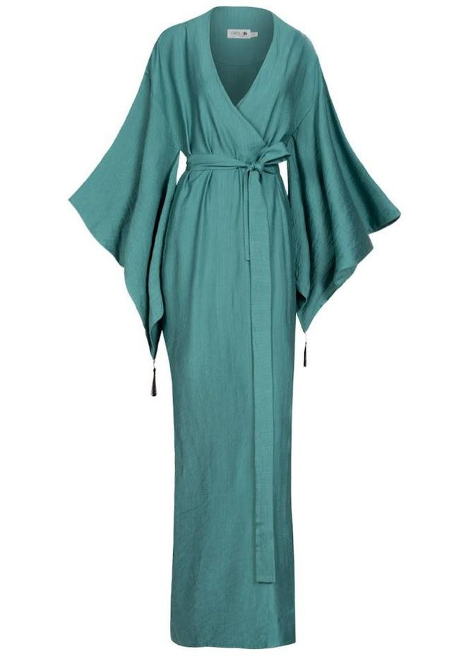 Халат-кимоно длинный на запах в японском стиле с поясом Сине-зеленый Garna (289362485)