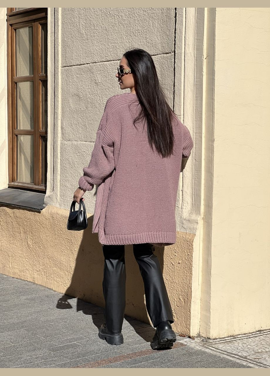 Пудровый женский женский полушерстяной кардиган пудрового цвета 31458 Fashion однотонный - демисезонный