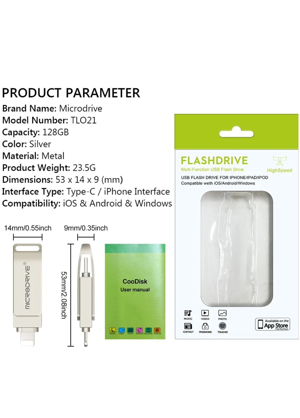 Флешка металлическая 2в1 256ГБ USB-Lightning для iPhone, iPad, компьютера, Android A3 256GB OTG Серебряный Microdrive (336381302)