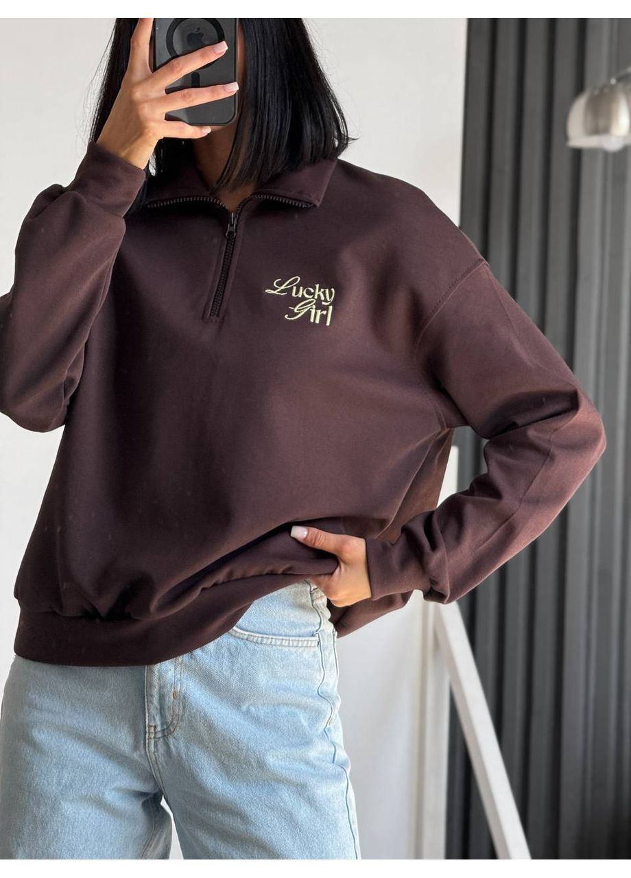 Коричневый 🌟свитшот "lucky girl" с вышивкой на удачу | размерная сетка в описании DK/DL Мода без кордонів надпись без декора (364966282)