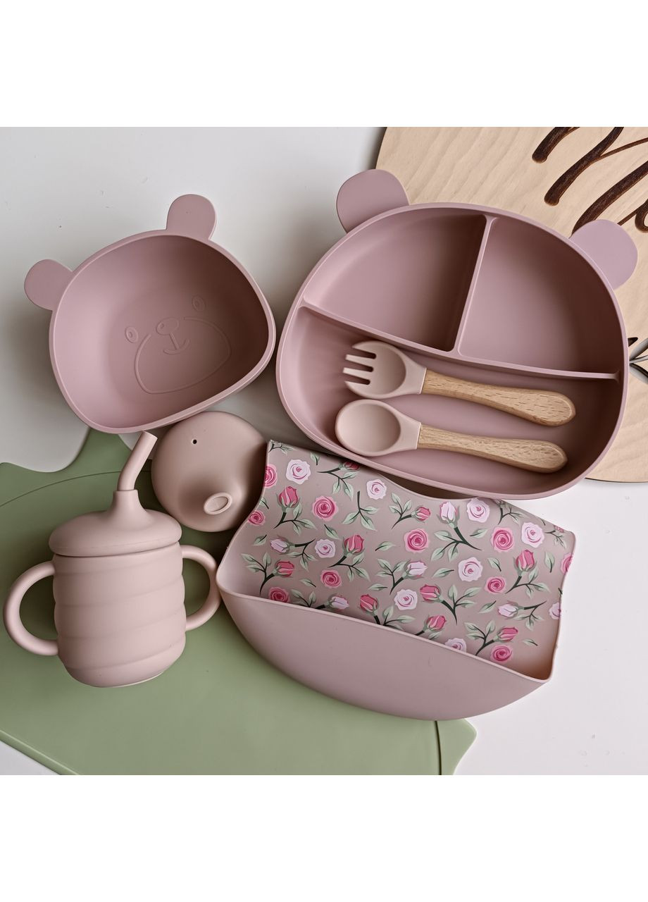 Набор посуды для малыша Мишка Пудра 7 шт Безопасная силиконовая посуда для кормления Детская посуда для девочки (0297) No Brand (369000009)