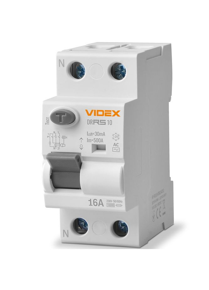 Пристрій захисного відключення (ПЗВ) RESIST АС 2п 30мА 10кА 16А (VF-RS10-DR2AC16) Videx (282312719)