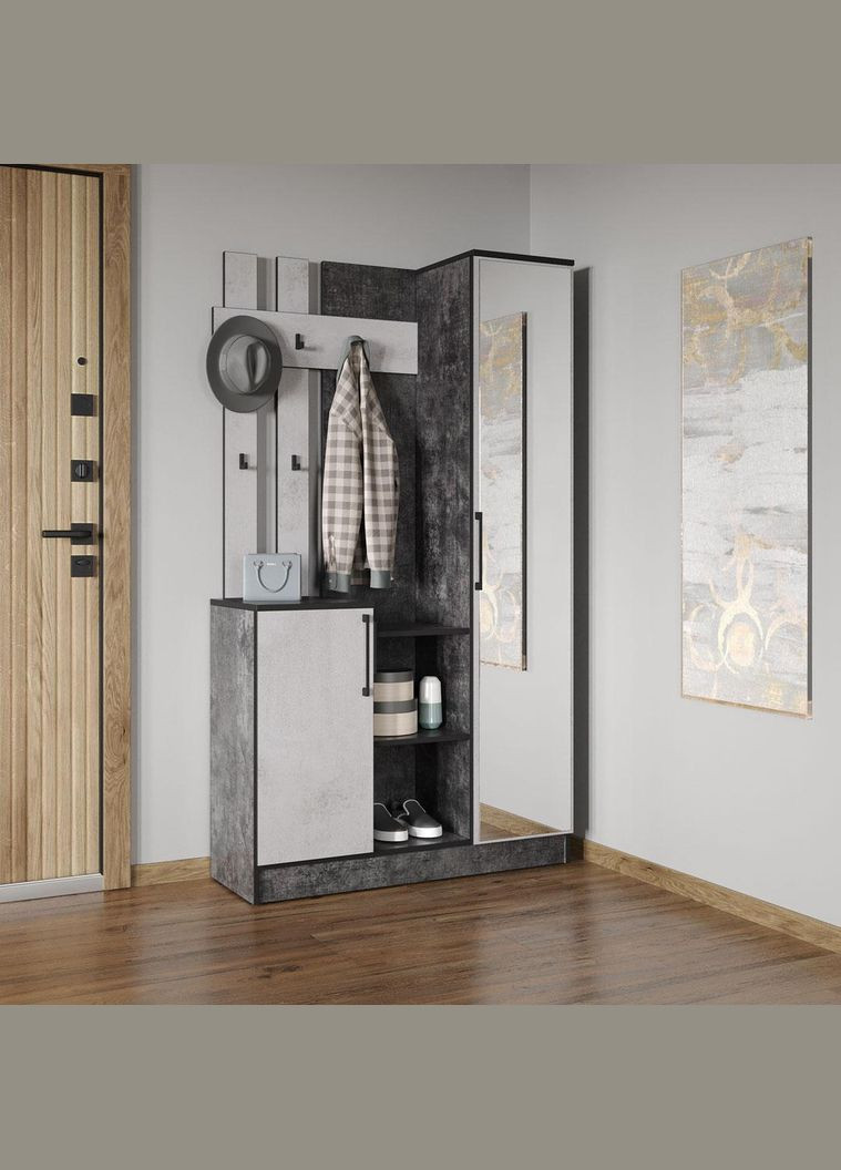 Cтильна прихожа з дзеркалом, дверцятами та крючками для одягу від KO-0004 Бетон Темний/Бетон Тефра MORELI (361035164)