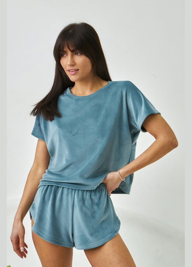 Бирюзовая всесезон плюшевая пижама с шортами футболка + шорты Barwa 0277/278 turquoise green