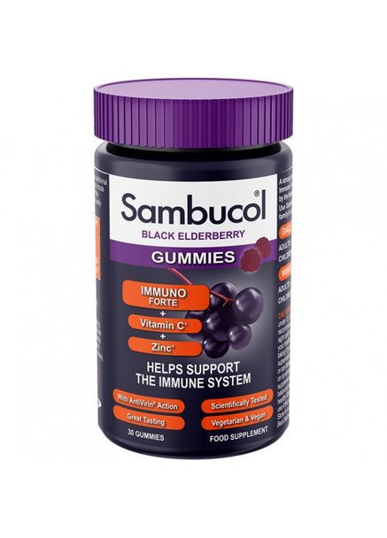 Чорна бузина Вітамін С і Цинк Immuno Forte Gummies для дорослих та дітей від 12 років 30 желеек Sambucol (277945848)