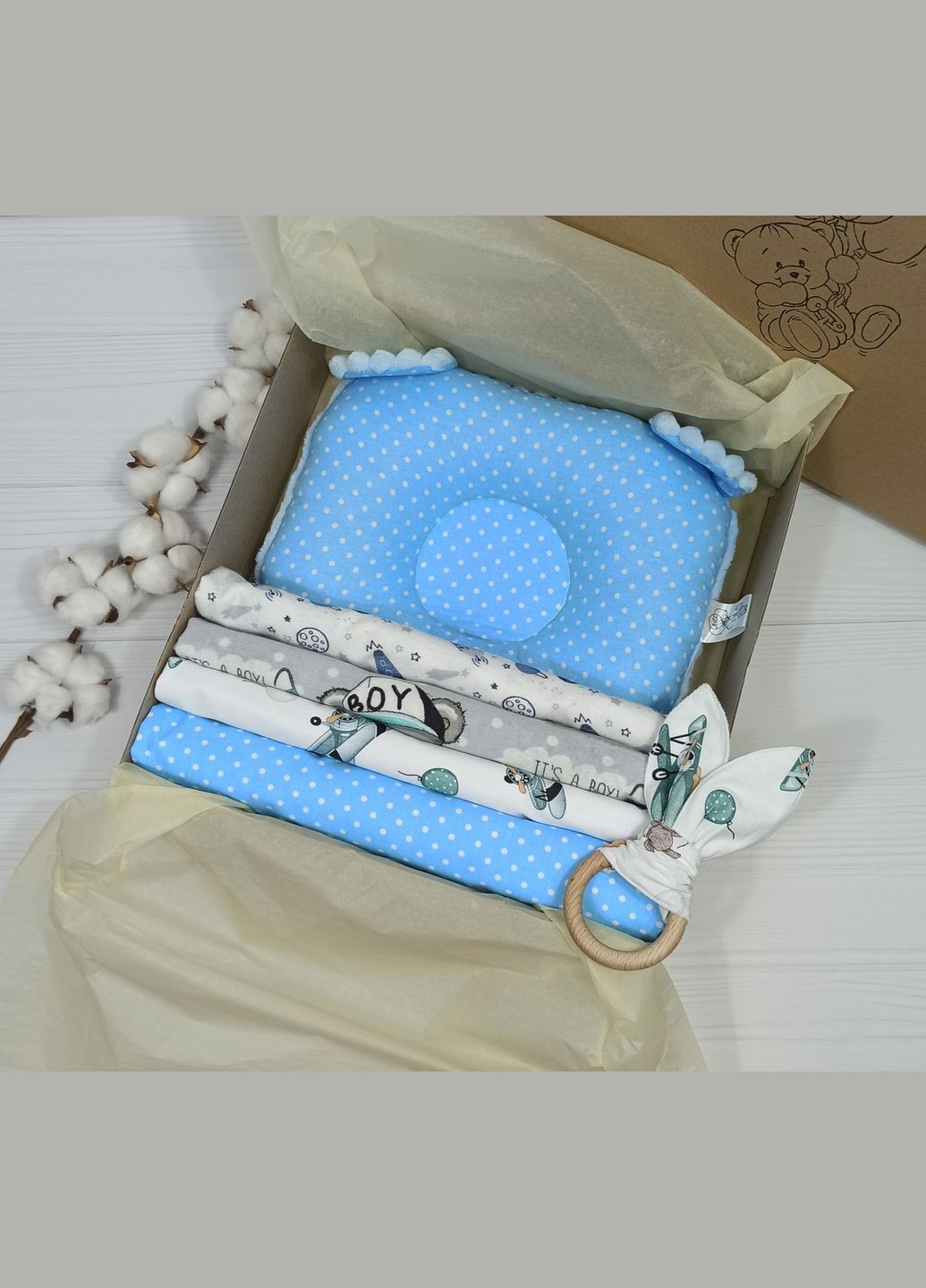 Набор пеленок с подушкой из 6 единиц a.l.babybox белый горох на голубом. No Brand (308389225)