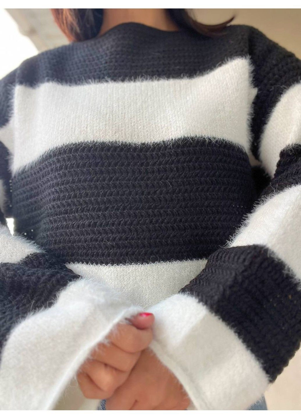 Чорний демісезонний светр жіночий a-n 1203 широка смуга комбинований плетіння ангора широкі рукава No Brand