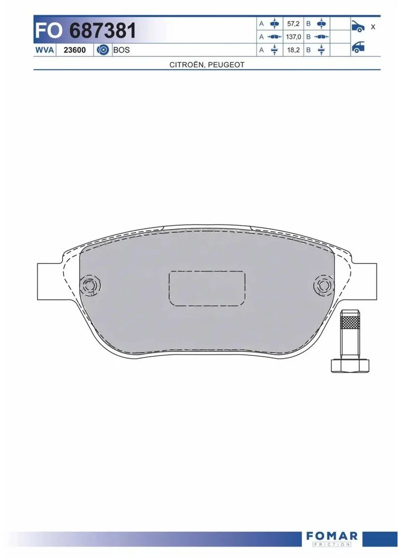 Колодки тормозные дисковые передние CITROEN BERLINGO 00-. XSARA PICASSO 00-. PEUGEOT 307. PARTNER 00- FO 687381 Fomar (364974949)