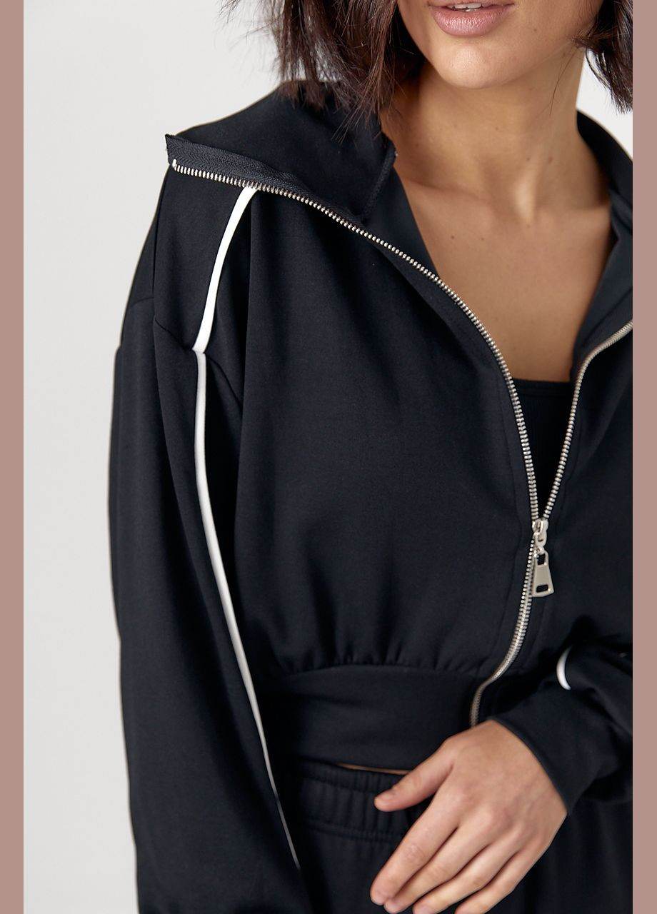 Спортивный костюм с коротким худи на молнии и прямыми штанами - черный Lurex (324392735)