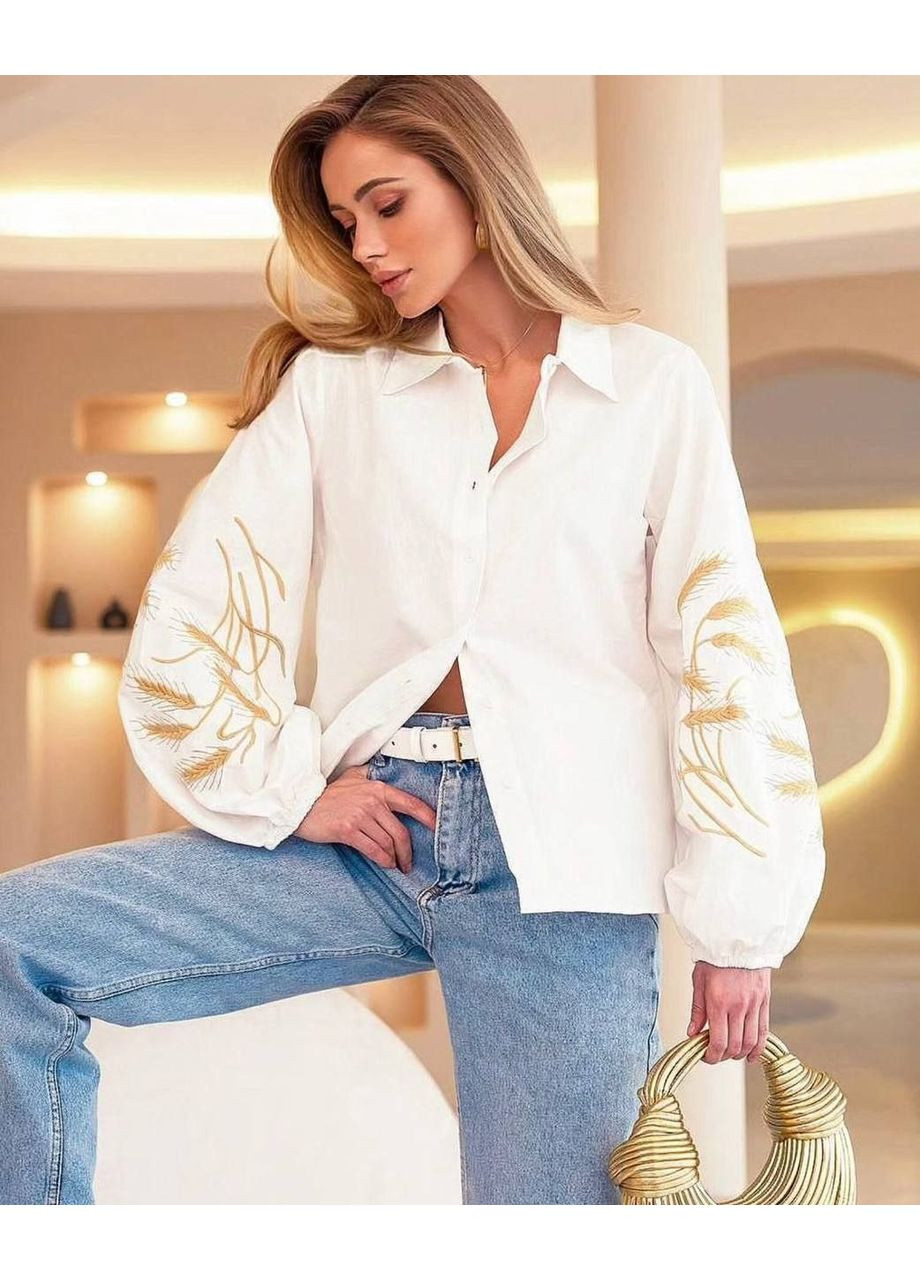 Біла колоритна біла сорочка вишиванка з колосками на гудзиках, жіноча рубашка з вишитим колоссям, етно сорочка з вишивкою візерунок українська символіка вільна бавовна, поліестер (350909639)
